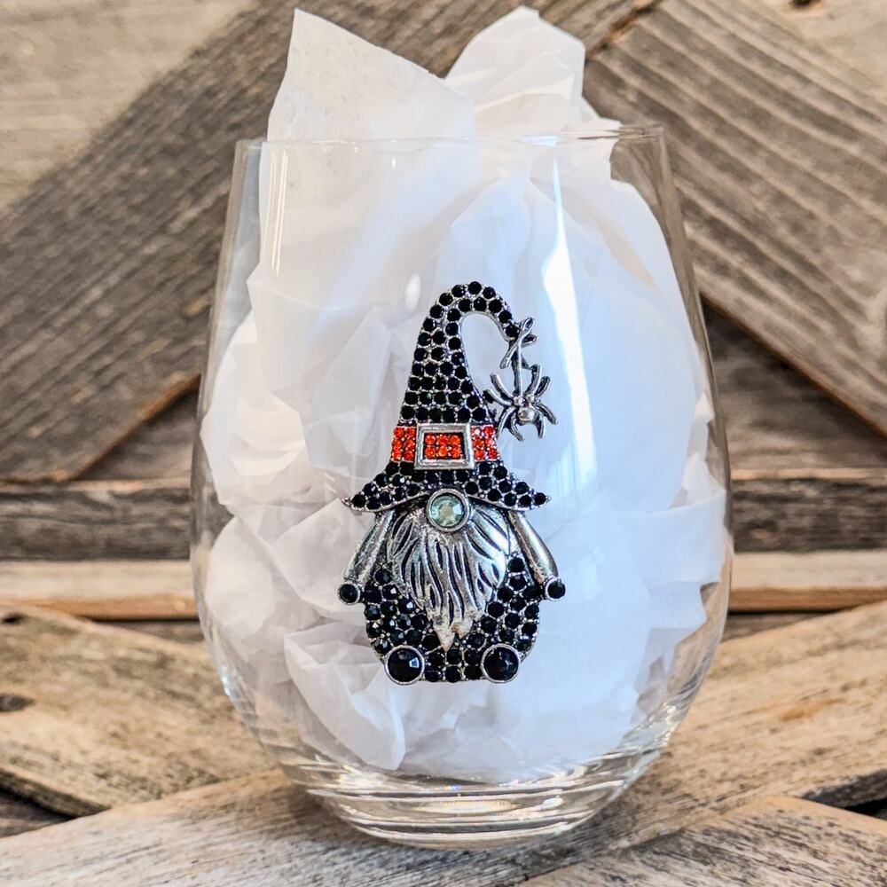 Rhinestone Halloween Gnome Witch, 18oz Stemless Wine Glass by Broomstick Blvd
